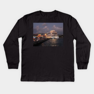 AIDAluna Cruise Ship docking at Willemstad Curacao at Night Kids Long Sleeve T-Shirt